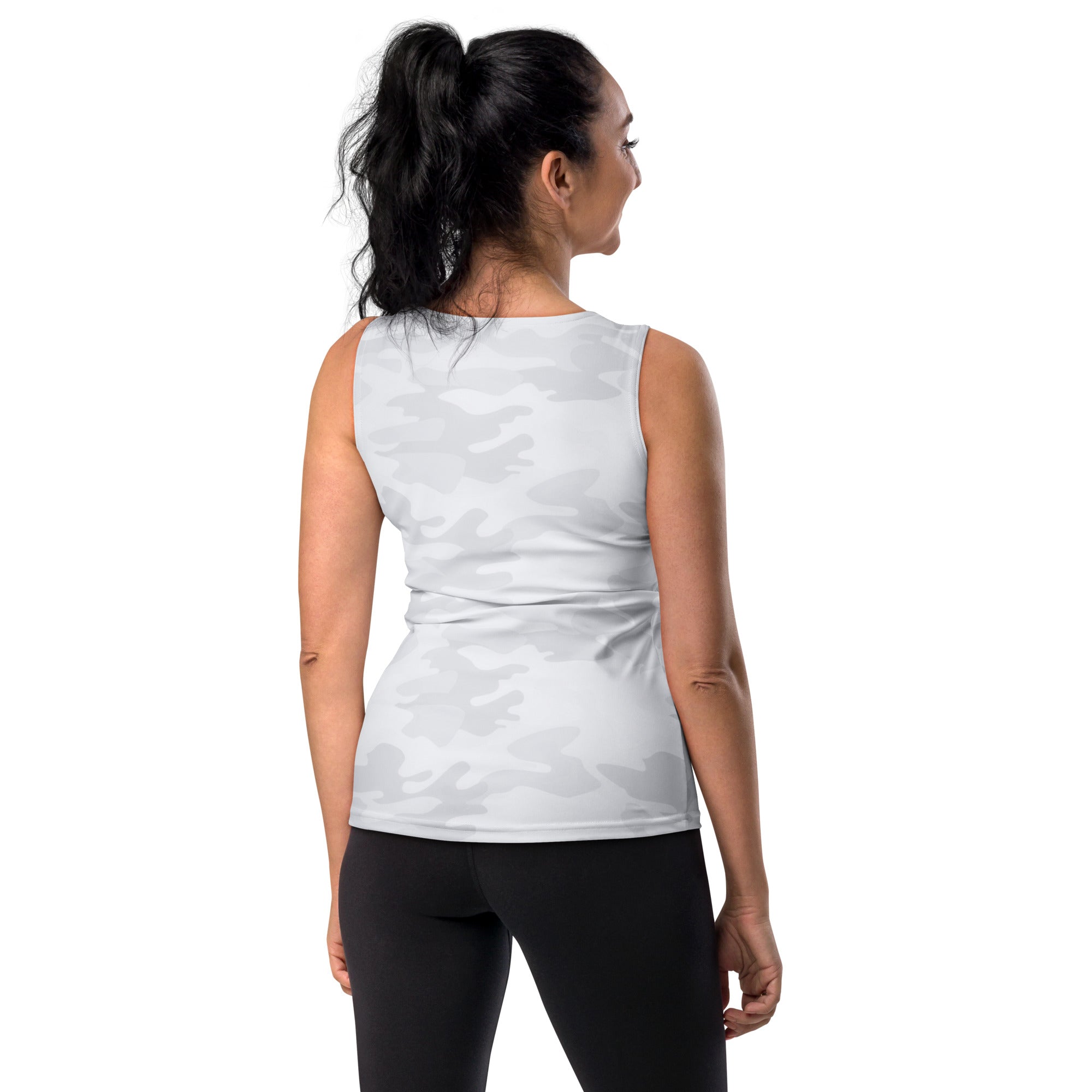 Women’s white camouflage tank top with quick drying buttery soft fabric and upf 50 plus for sun protection