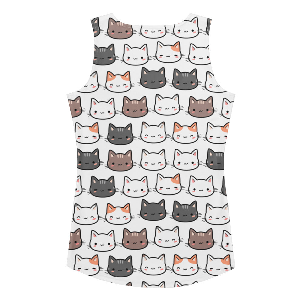 White sleeveless women’s cat tank top with colorful cartoon faces made from quick drying buttery soft fabric with upf 50+