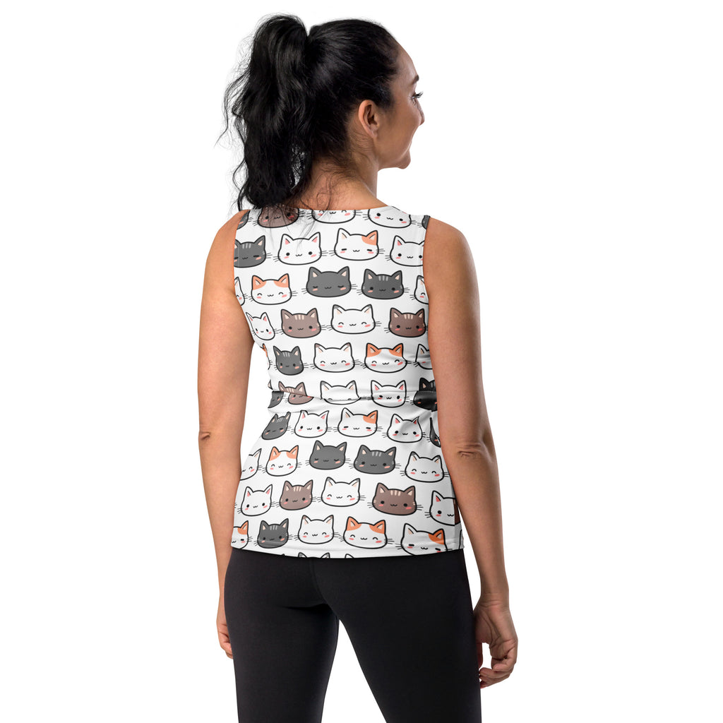 White sleeveless women’s cat tank top with quick drying buttery soft fabric and colorful cartoon cat face pattern