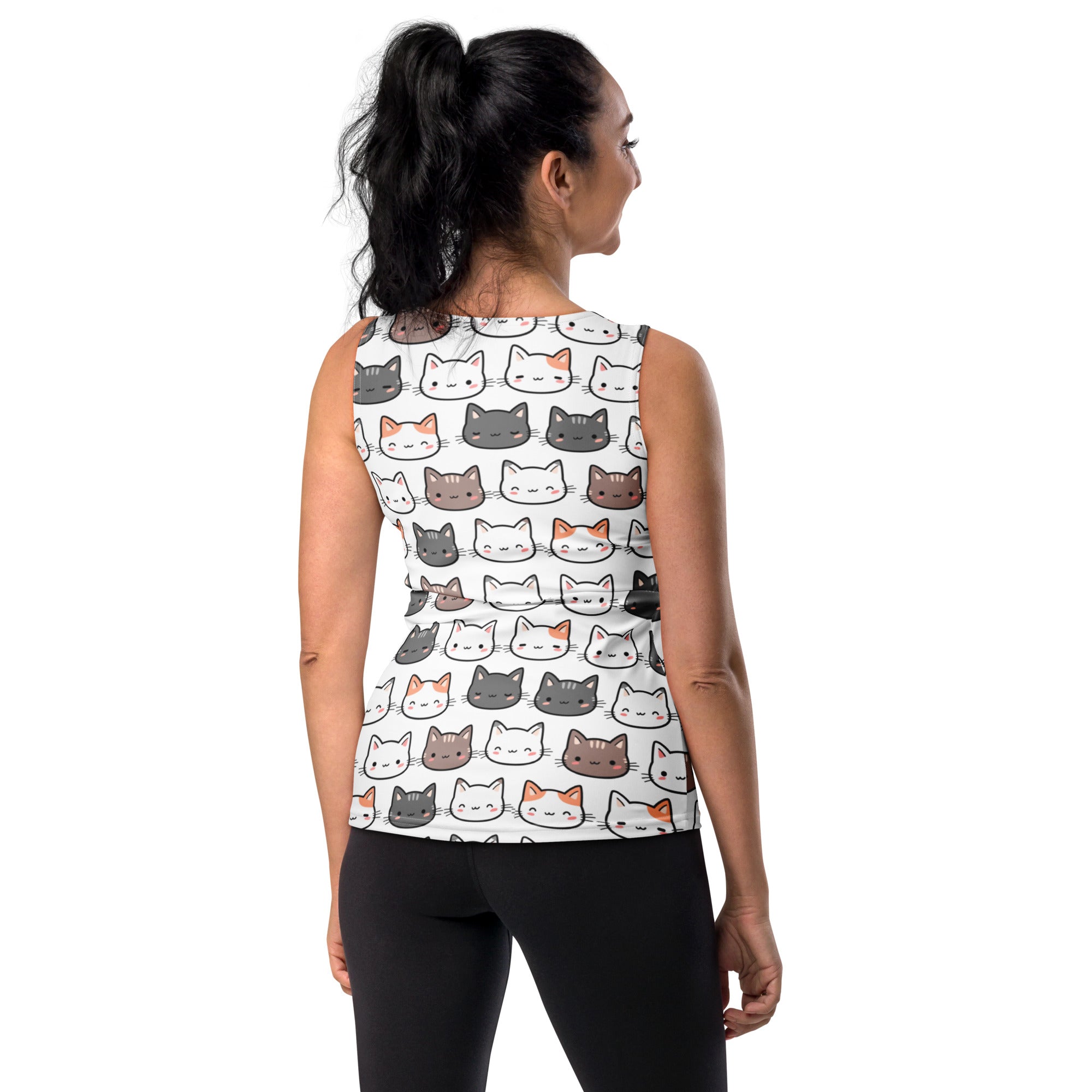 White sleeveless women’s cat tank top with quick drying buttery soft fabric and colorful cartoon cat face pattern