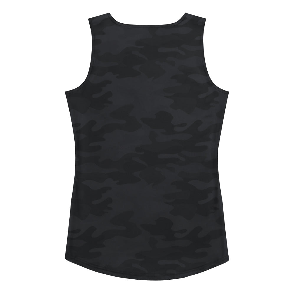 Women’s black camouflage sleeveless tank top with quick drying, buttery soft fabric and UPF 50+ sun protection