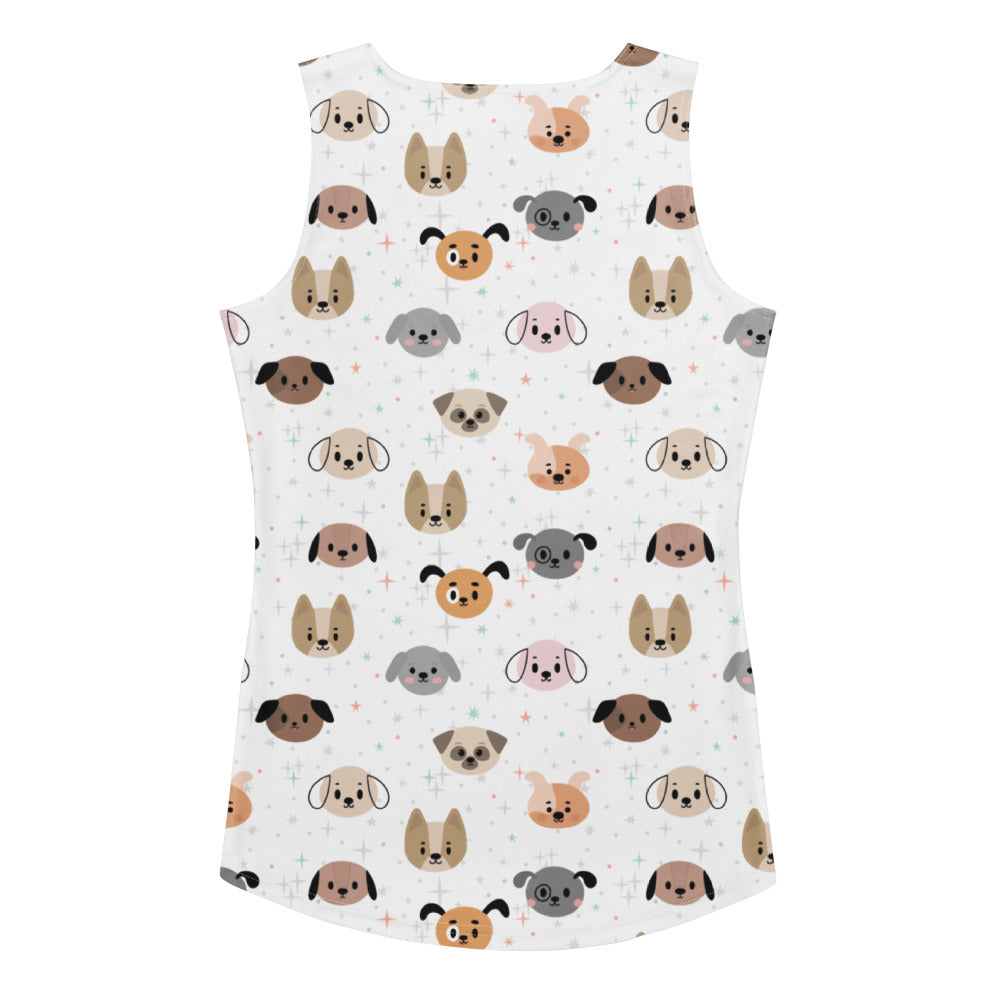 White sleeveless tank top with colorful cartoon dog pattern made from quick drying buttery soft fabric with upf 50+ protection