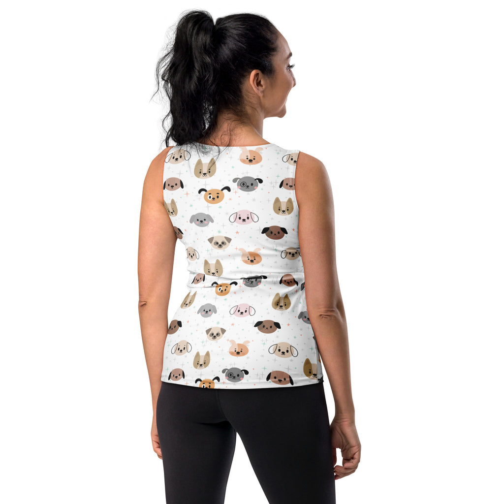 White sleeveless women’s tank top with colorful cartoon dog pattern made of quick drying buttery soft fabric with upf 50+