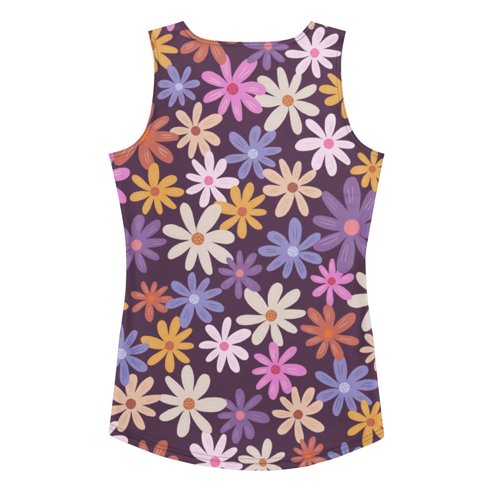 Women’s retro purple floral tank top with vibrant daisy print in quick drying, buttery soft fabric with UPF 50+