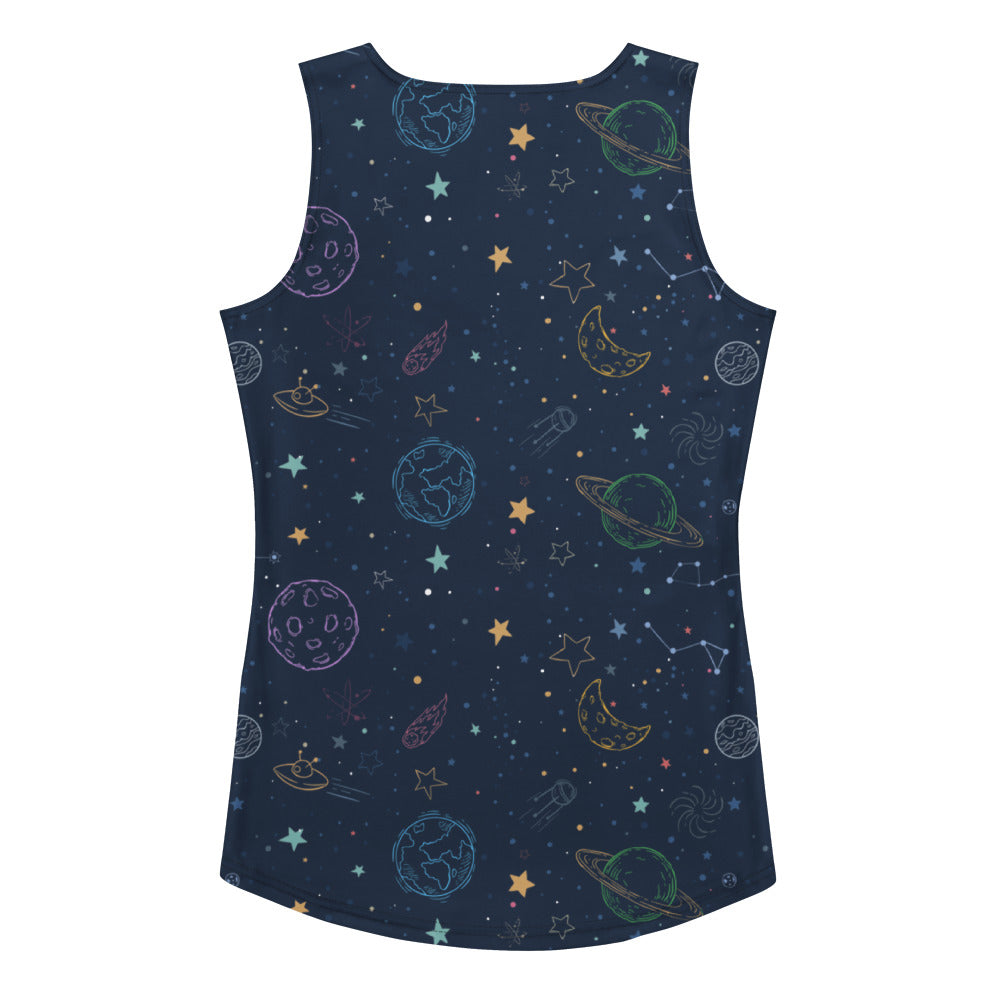 A navy blue women’s sleeveless tank top with outer space print quick drying buttery soft fabric upf 50+