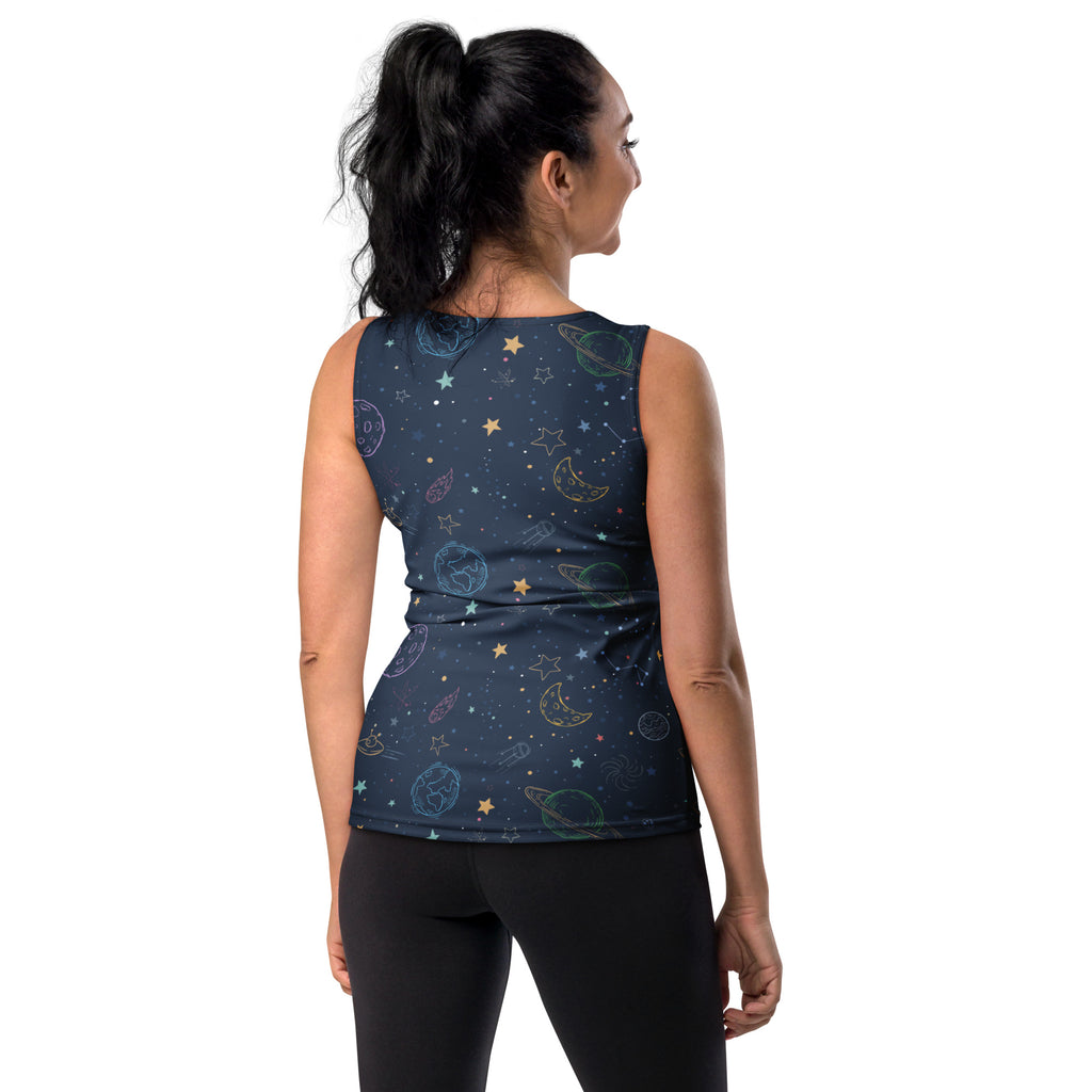 A dark blue women’s outer space galaxy tank top with cosmic print quick drying buttery soft fabric upf 50 plus