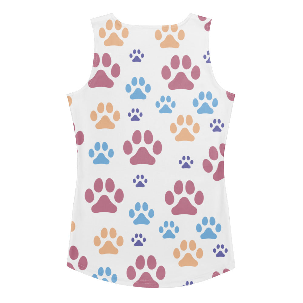 White womens sleeveless tank top with colorful paw print pattern quick drying buttery soft fabric upf 50 plus