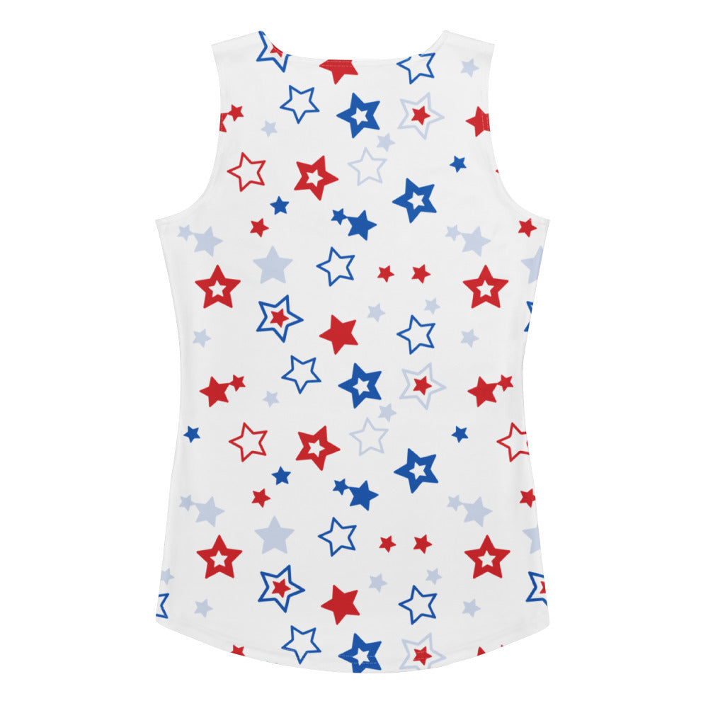 White sleeveless tank top with red blue and gray stars quick drying buttery soft fabric with upf 50 plus
