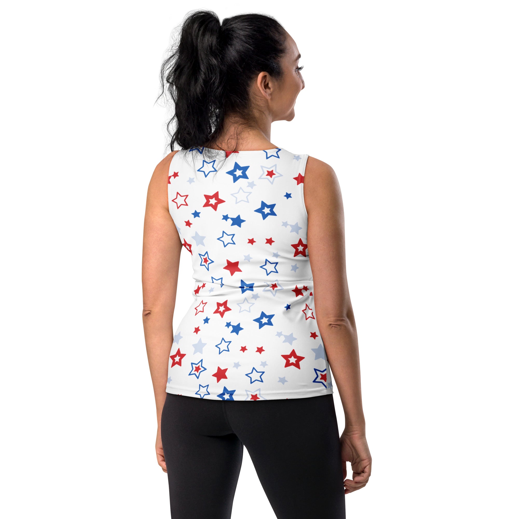 White sleeveless tank top with patriotic red blue and gray stars quick drying buttery soft fabric upf 50+