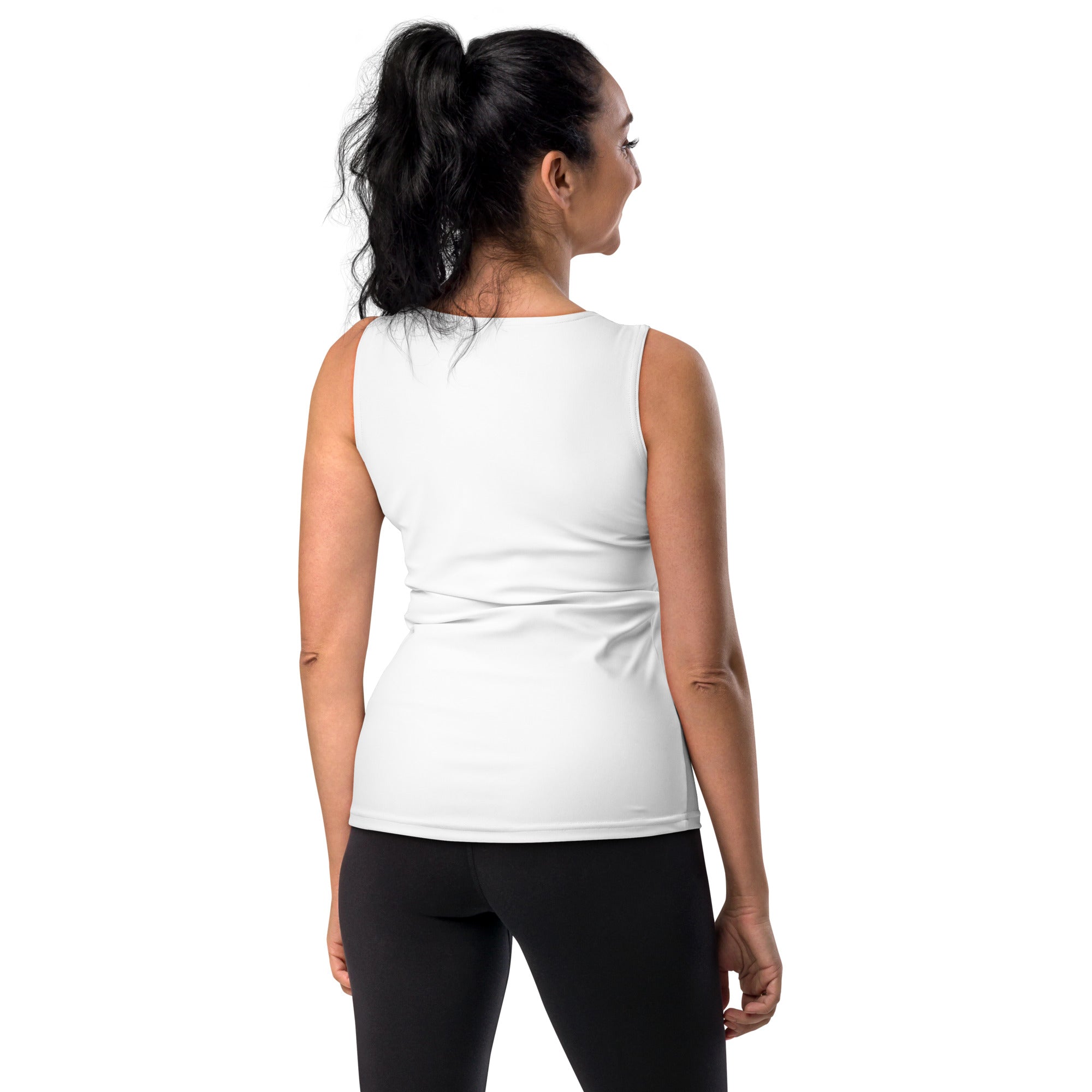 White sleeveless usa tank top with fitted ruched back made of quick drying buttery soft fabric with upf 50+