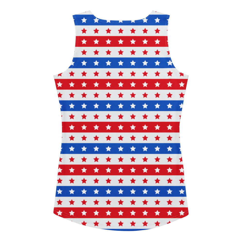 Women’s red white and blue stars tank top with quick drying buttery soft fabric and upf 50 plus protection