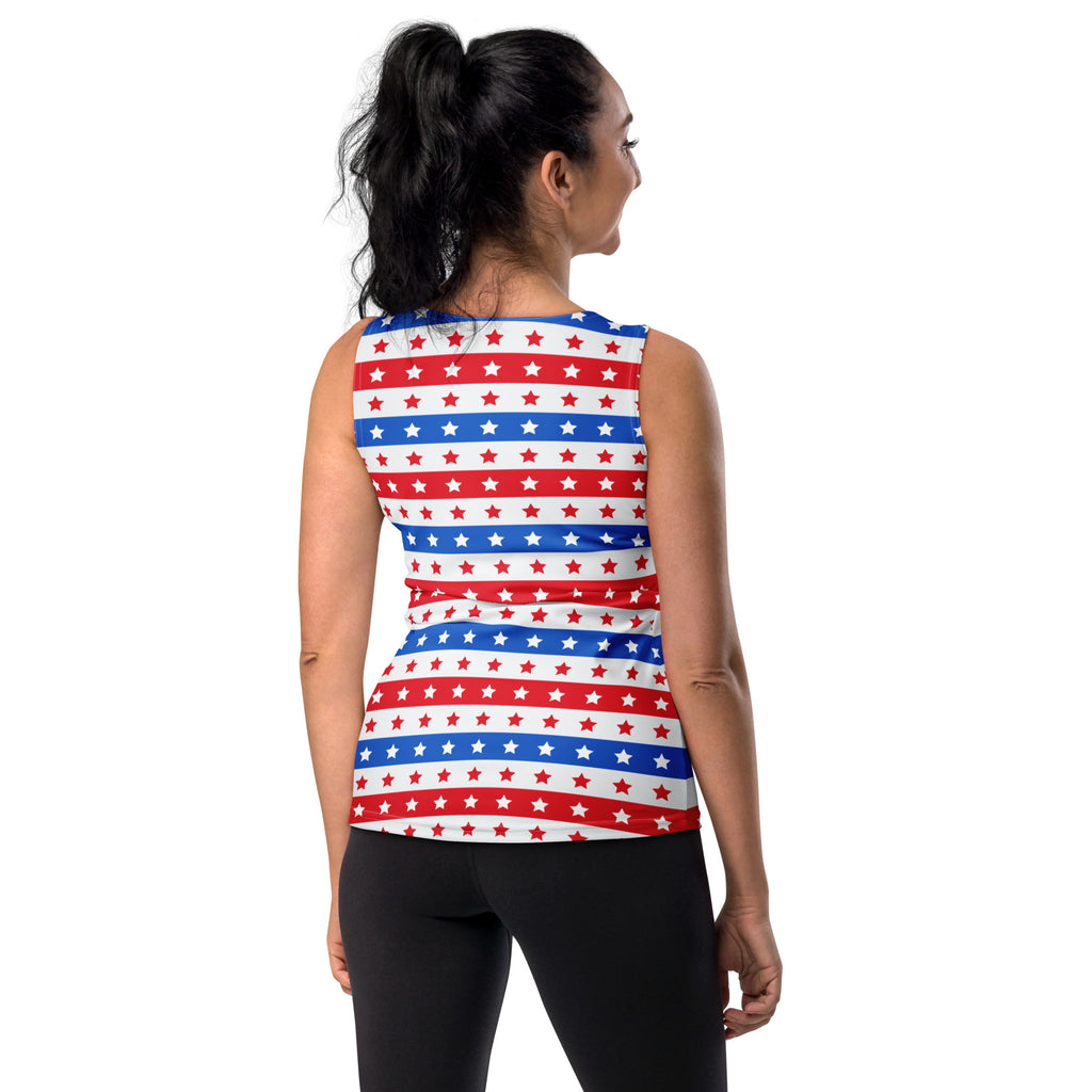 Women’s sleeveless tank top with red white and blue stars and stripes in quick drying buttery soft fabric with upf 50+