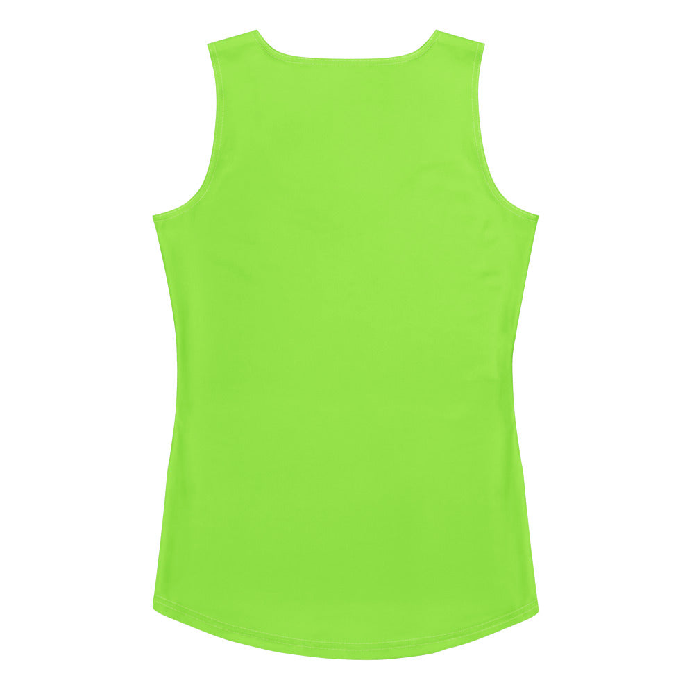 A vibrant lime green sleeveless women’s tank top made of quick drying buttery soft fabric with UPF 50+ protection
