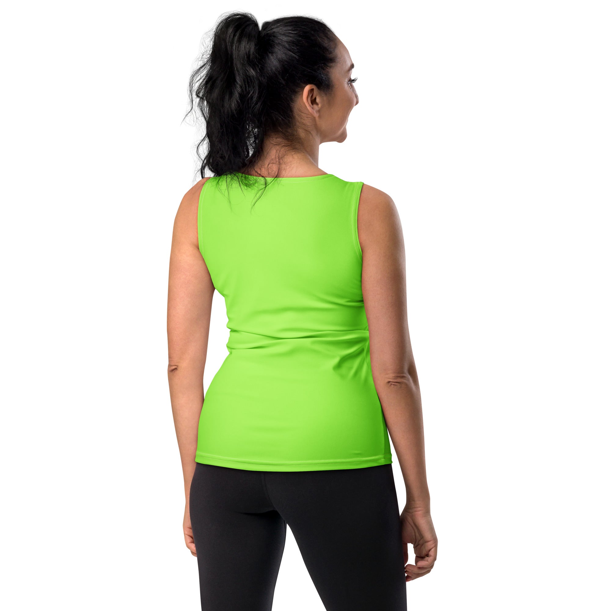 Bright neon green sleeveless tank top with fitted ruched back in buttery soft quick drying fabric with UPF 50+