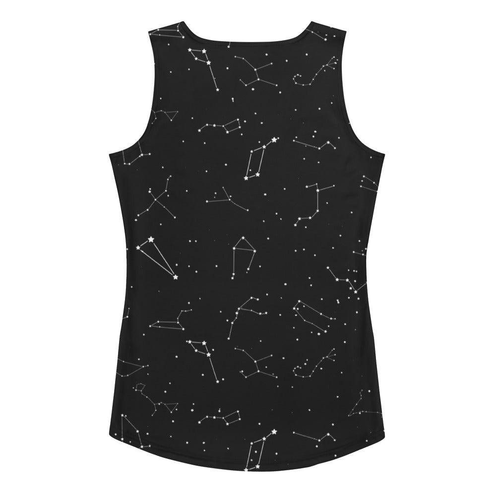 Black sleeveless women’s tank top with white constellation pattern made from quick drying buttery soft fabric with upf 50+