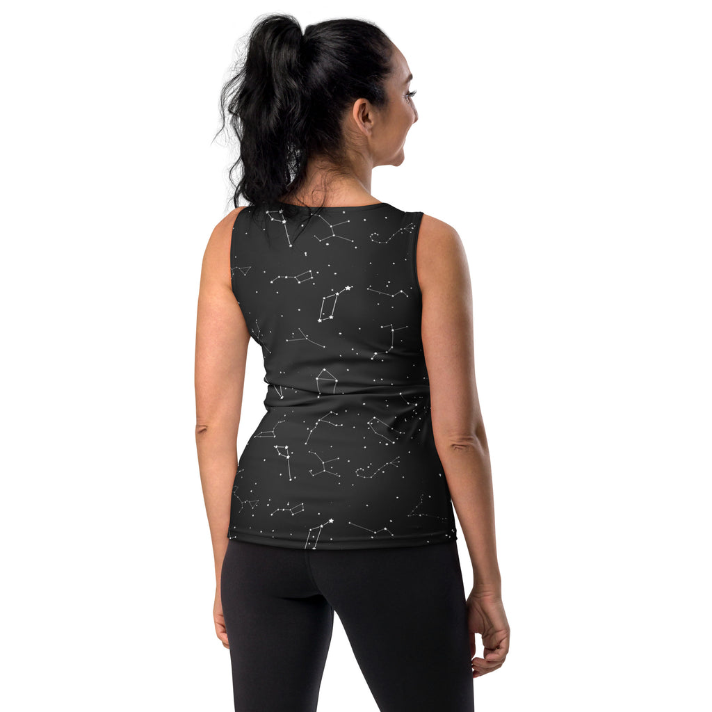 Women’s black sleeveless tank top with white constellation patterns quick drying buttery soft fabric upf 50+