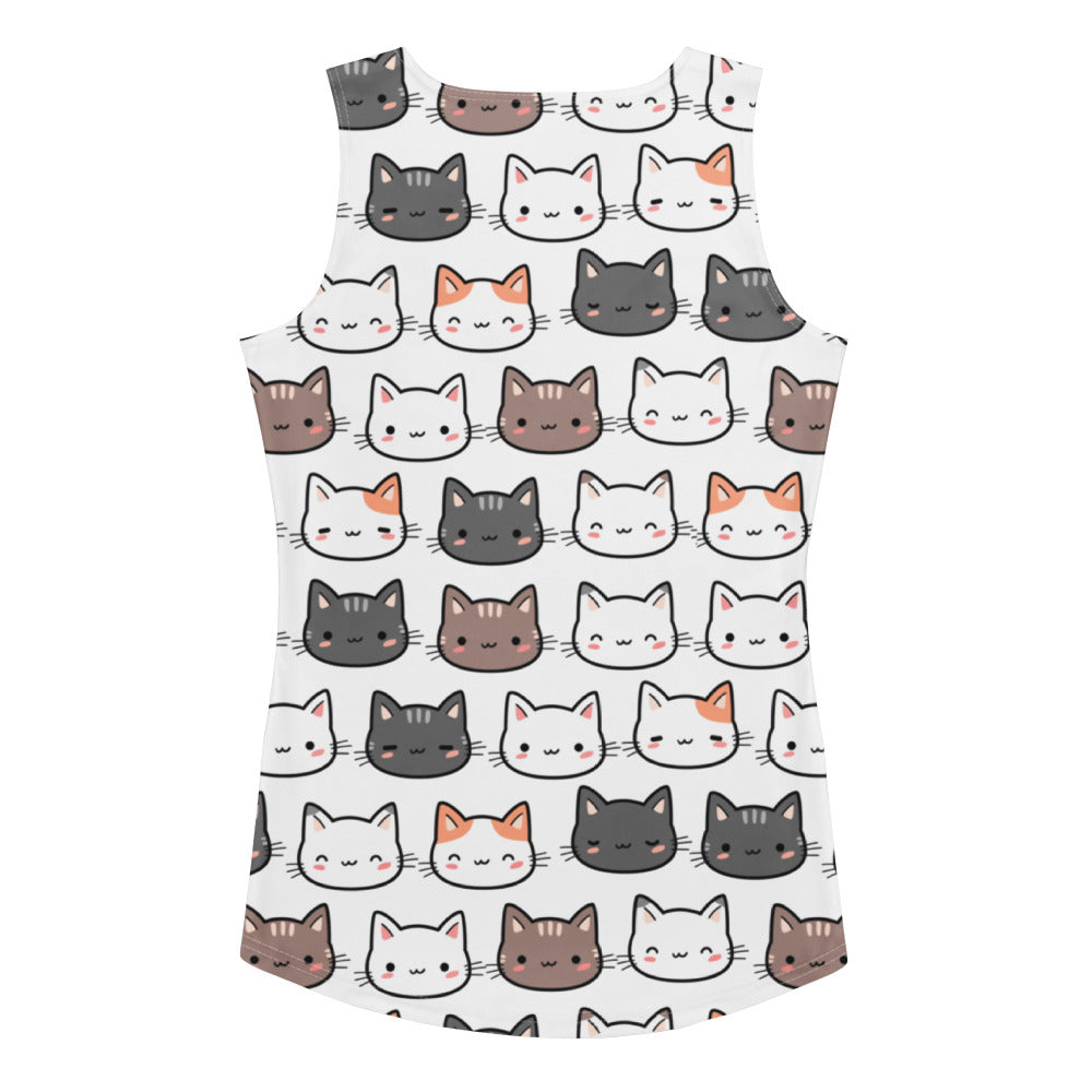 White sleeveless women’s cat tank top with playful multicolor cartoon cats made of quick drying buttery soft fabric with upf 50+