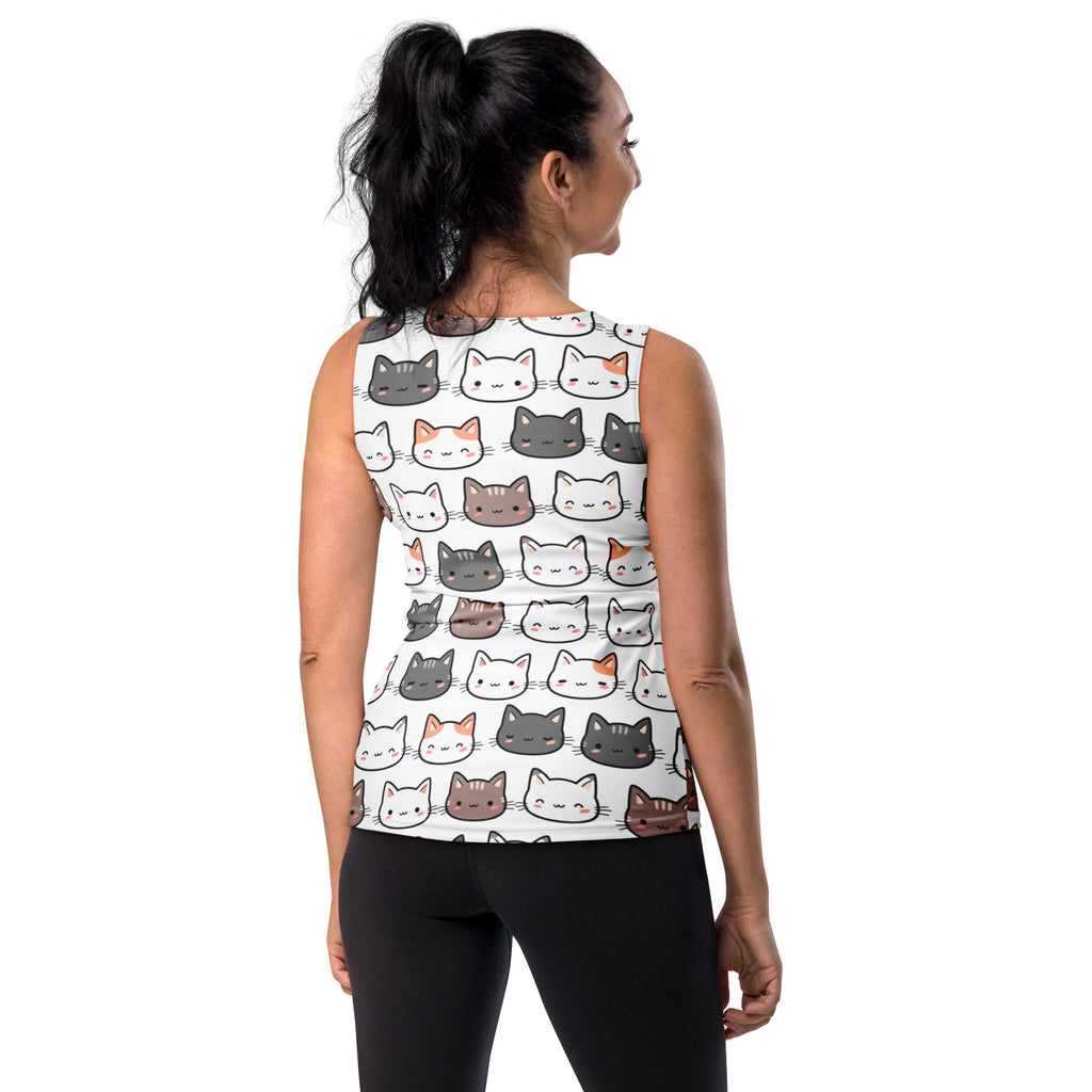 White sleeveless women’s tank top with colorful cartoon cats quick drying buttery soft fabric upf 50+