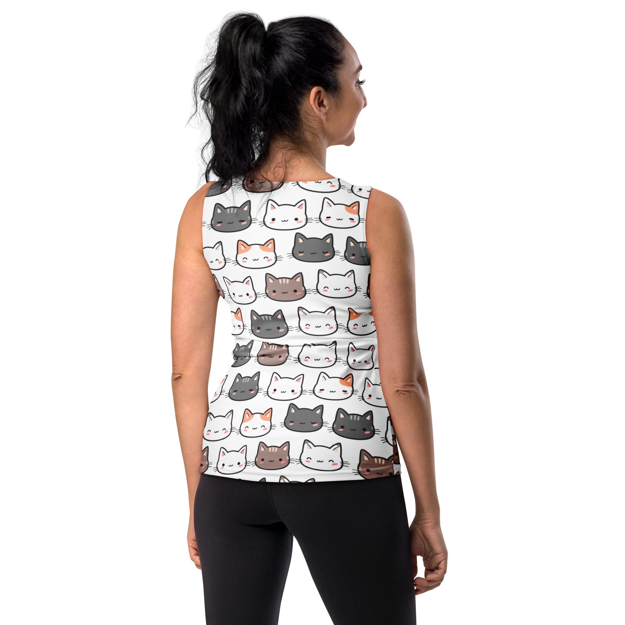 White sleeveless women’s tank top with colorful cartoon cats quick drying buttery soft fabric upf 50+