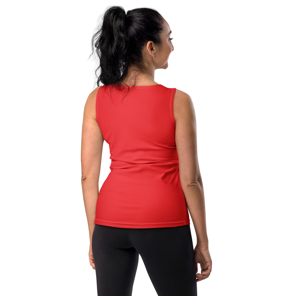 Women’s red sleeveless athletic top with quick drying buttery soft fabric and upf 50 plus for sun protection