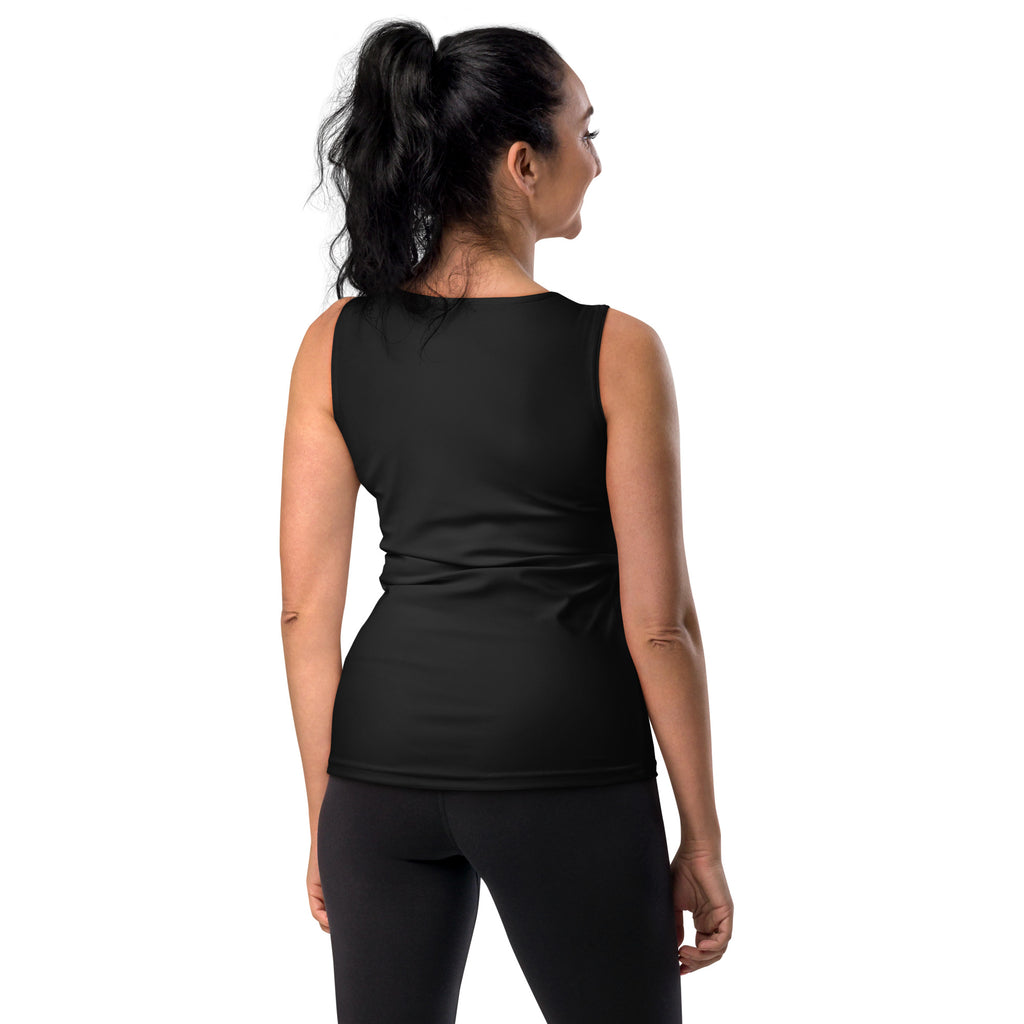 Women’s black sleeveless tank top with fitted design made from buttery soft quick drying fabric with upf 50+ protection