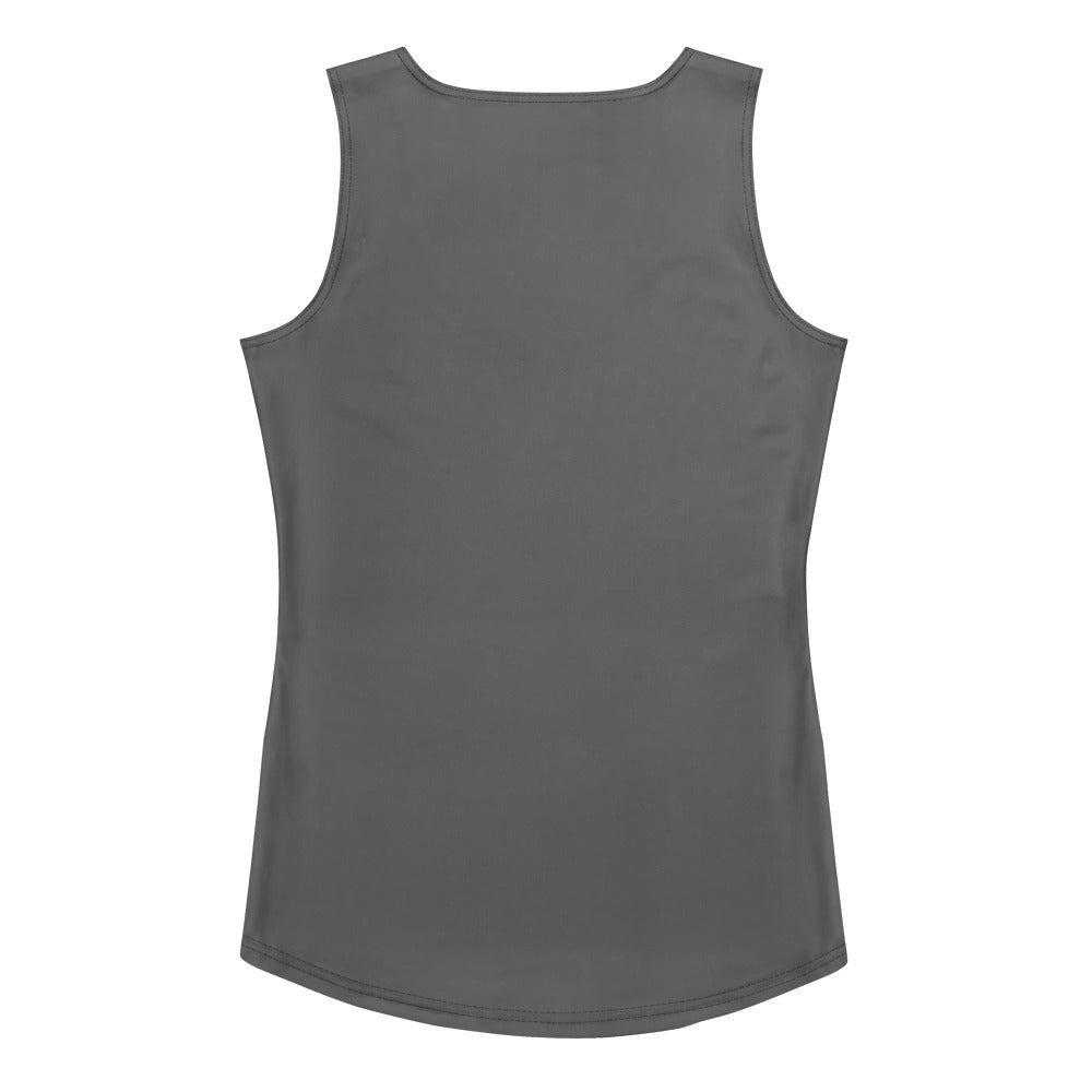 A sleek dark gray women’s tank top made of buttery soft quick drying fabric with UPF 50+ protection