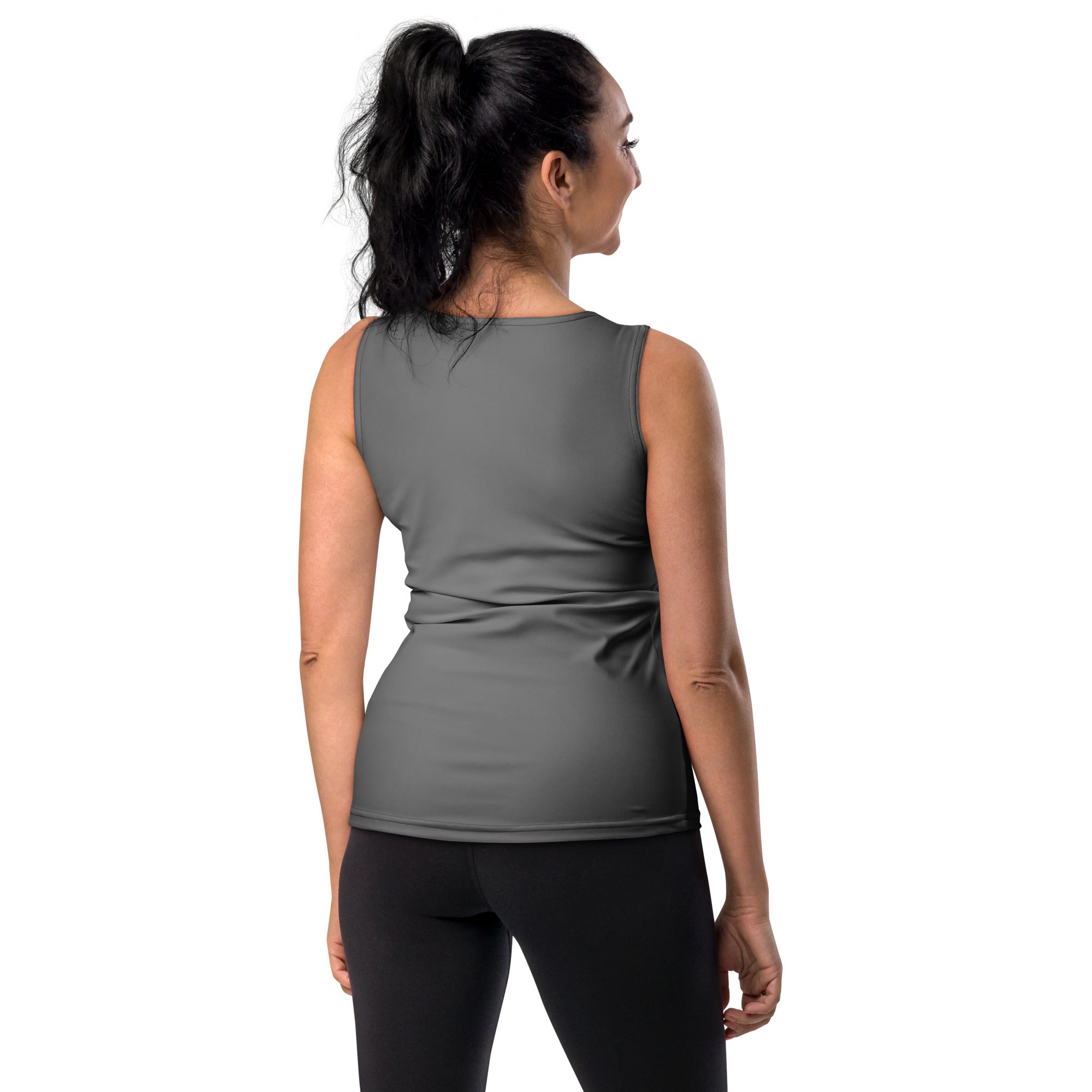 A sleek dark gray women’s tank top with quick drying buttery soft fabric and upf 50 plus protection with ribbed waistband