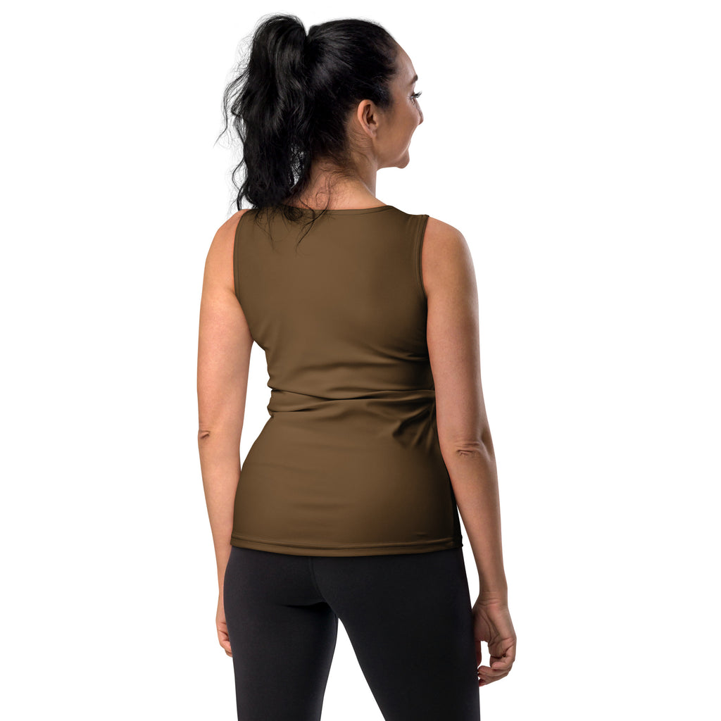 Olive green sleeveless athletic top with fitted silhouette and subtle back seam detail quick drying buttery soft fabric upf 50+