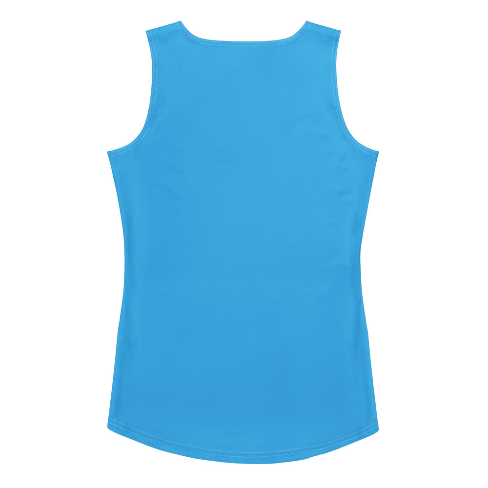 A solid bright blue sleeveless women’s tank top with quick drying buttery soft fabric and UPF 50 plus protection