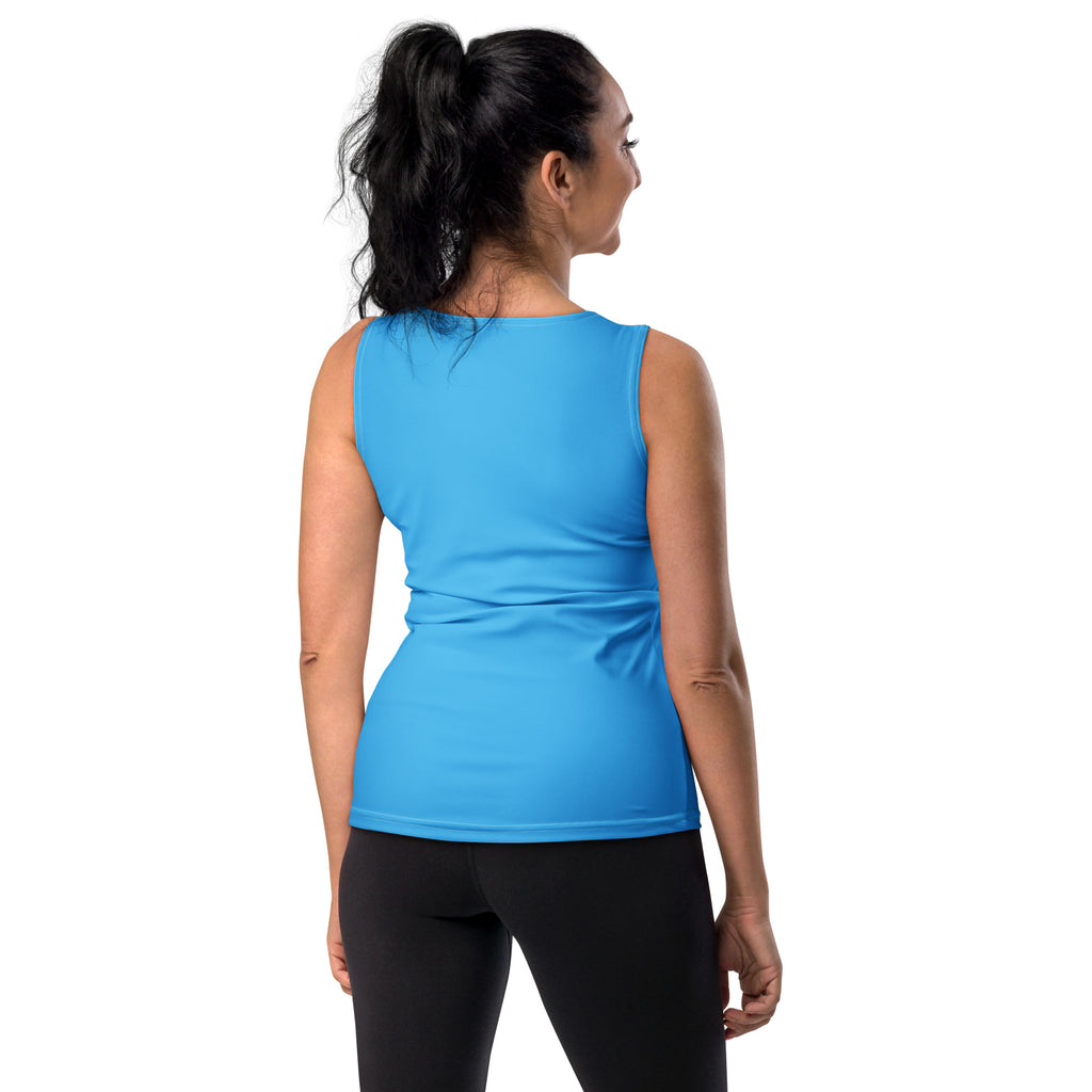 A vibrant sky blue sleeveless athletic top with quick drying buttery soft fabric and UPF 50 plus protection
