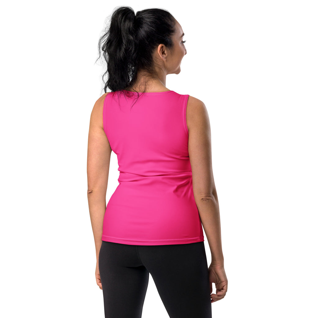 A vibrant hot pink sleeveless athletic tank top with a fitted quick drying buttery soft fabric and UPF 50 plus protection