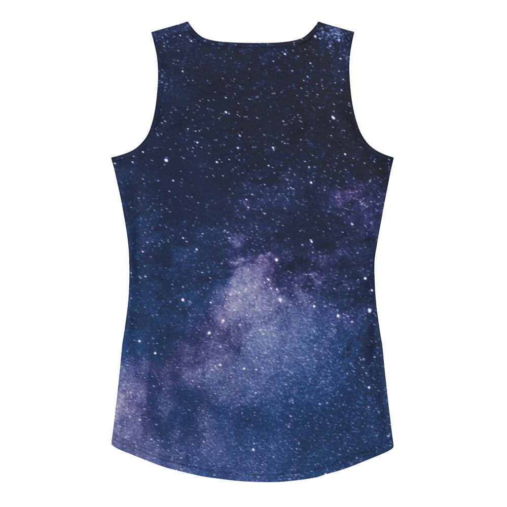 Women’s sleeveless tank top with cosmic galaxy print in deep blues and purples made of quick drying buttery soft fabric with upf 50+