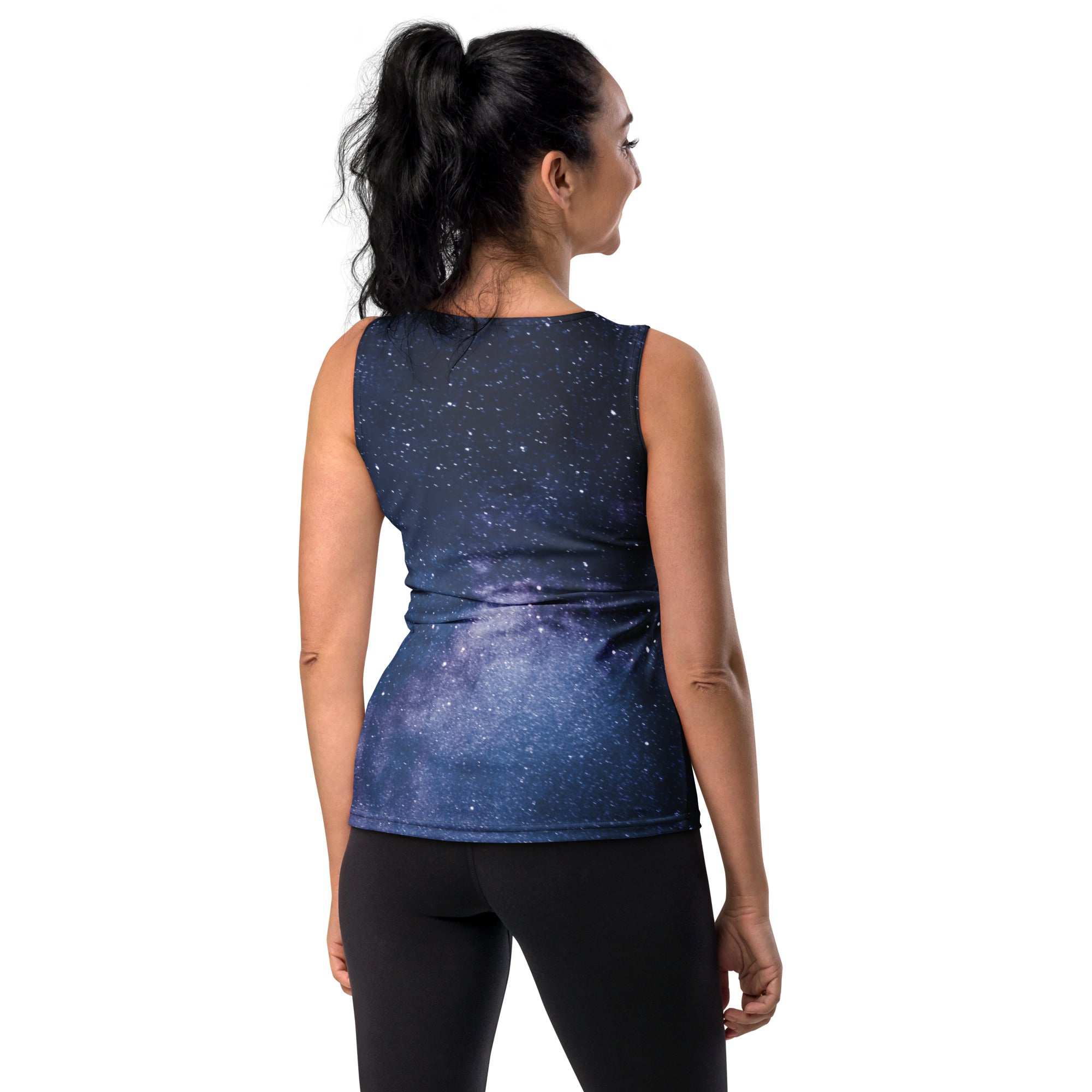 A navy blue womens sleeveless tank top with a detailed galaxy print made of quick drying buttery soft fabric