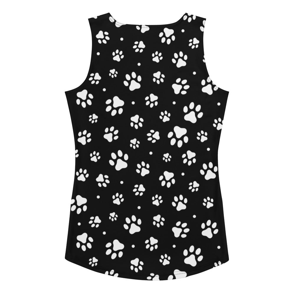 Women’s black paw print tank top with quick drying buttery soft fabric and UPF 50 plus sun protection