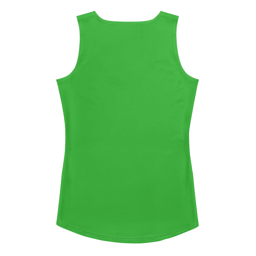 Bright green women’s tank top with rounded neckline and curved hem made of quick drying buttery soft fabric with UPF 50+