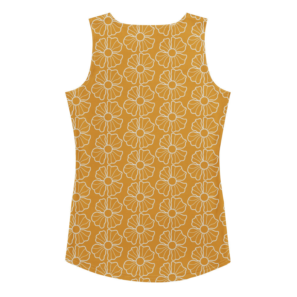 A mustard yellow sleeveless tank top with white floral line art in buttery soft quick drying fabric with UPF 50+