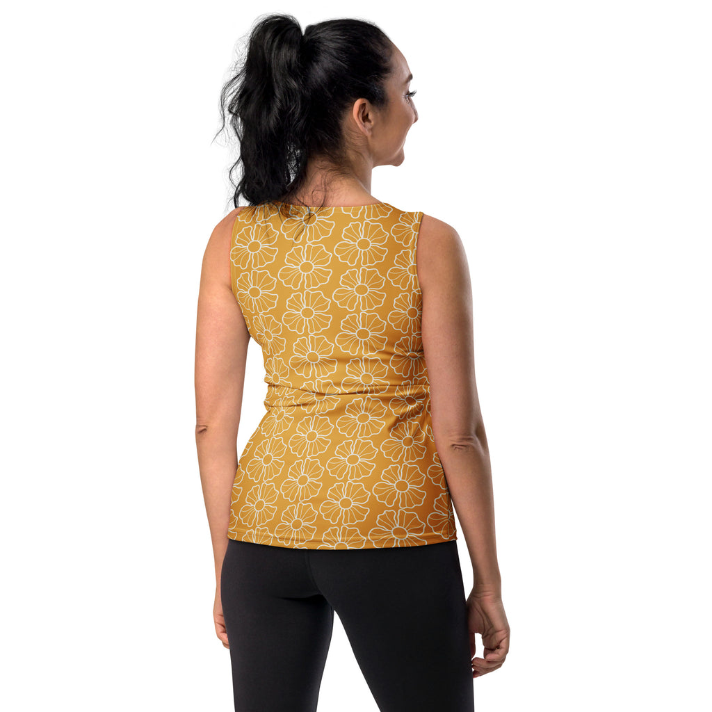 Women’s mustard yellow floral sleeveless tank top made of quick drying, buttery soft fabric with upf 50 plus protection