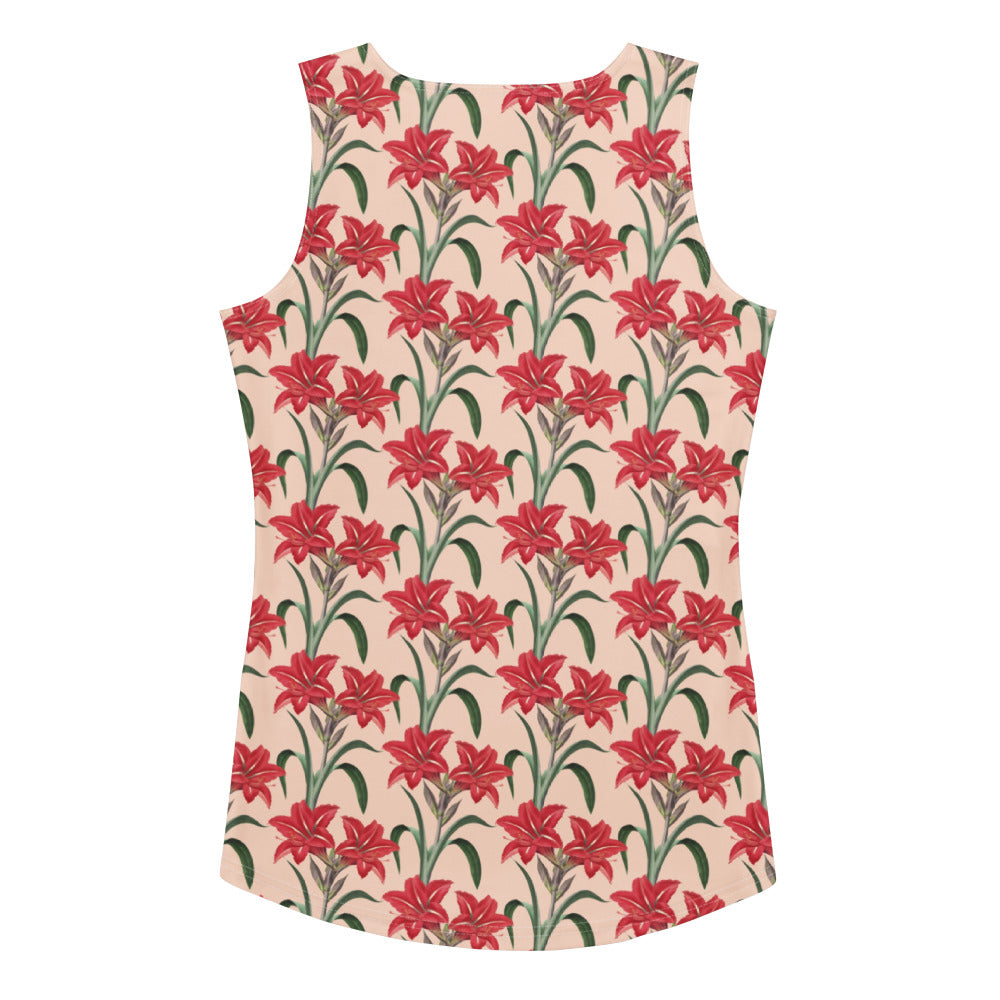 Women’s sleeveless tank top in soft peach with red lily print made of quick drying buttery soft fabric with upf 50+