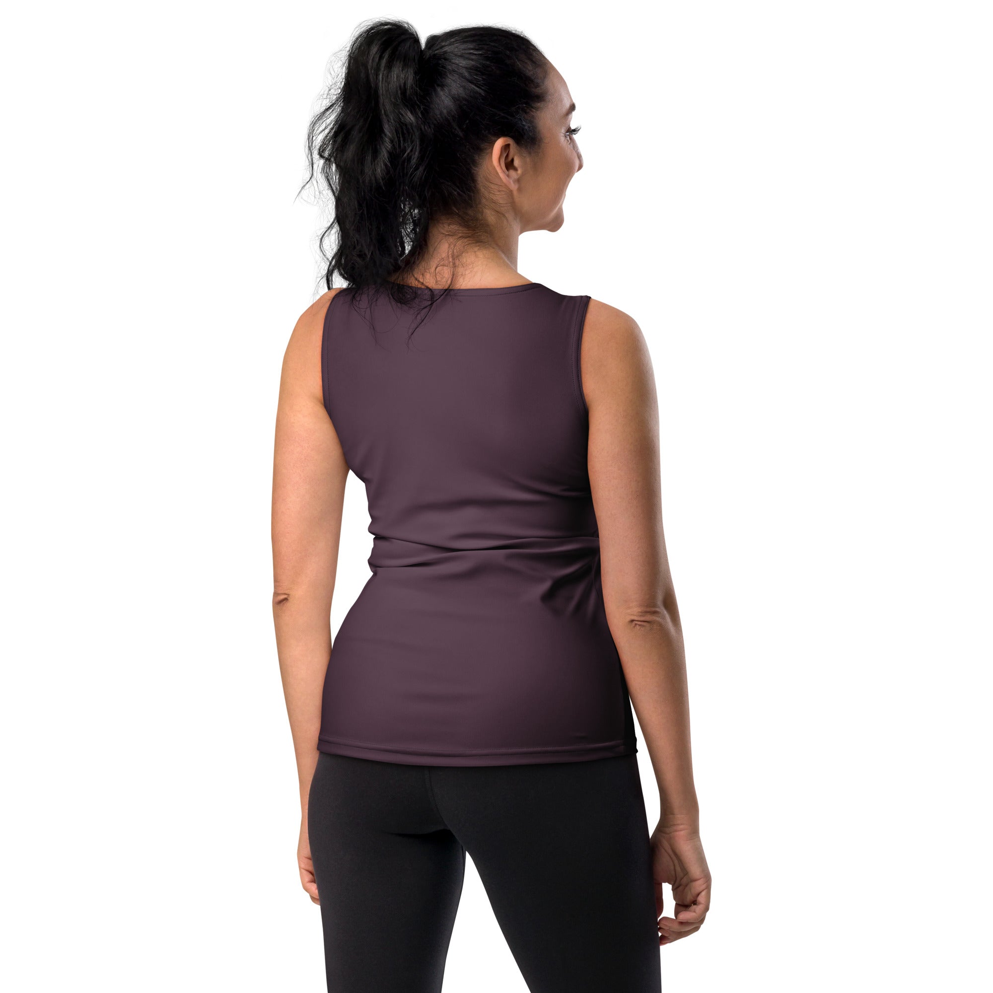 A fitted sleeveless plum purple tank top with rounded neckline and ruching made of quick drying soft fabric with UPF 50+