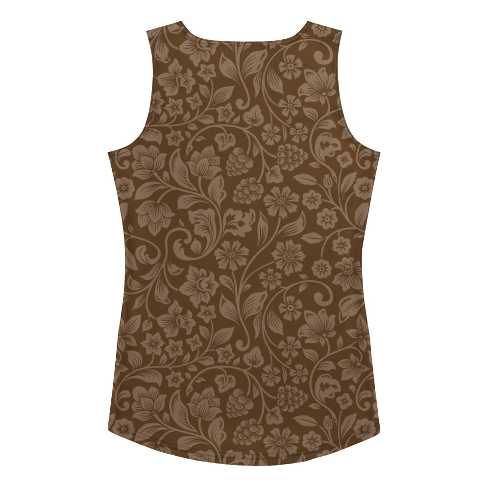 Women’s brown floral tank top with intricate pattern quick drying buttery soft fabric and upf 50 plus protection