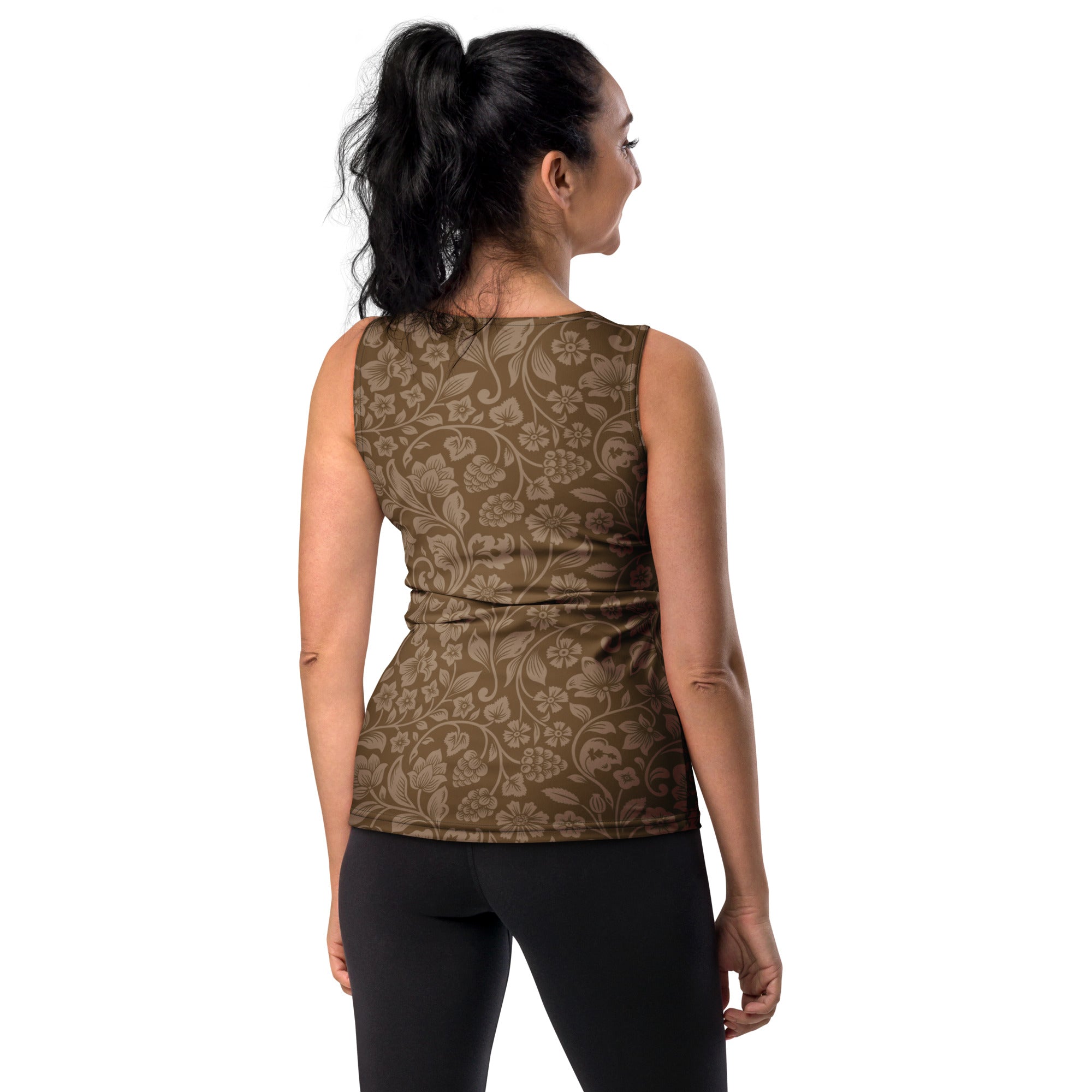 Women’s brown floral tank top with delicate beige pattern quick drying buttery soft fabric upf 50 plus