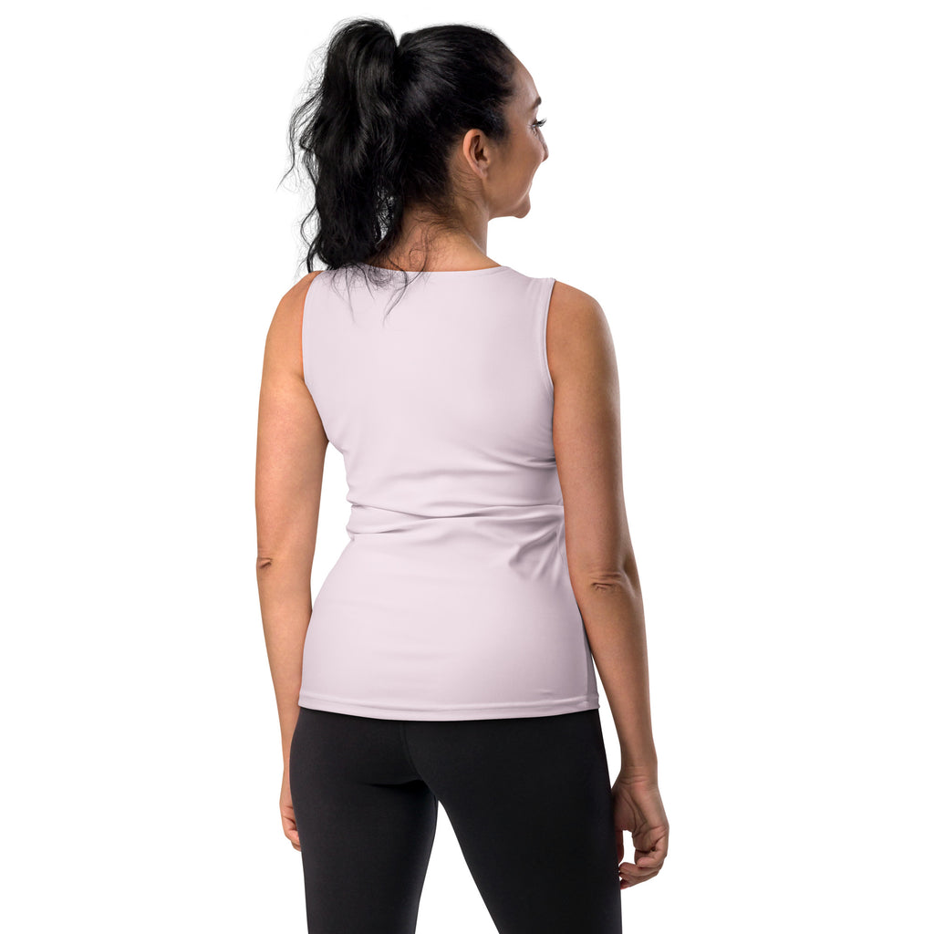 A soft lavender sleeveless top with subtle ruching made from buttery soft, quick drying fabric with UPF 50+
