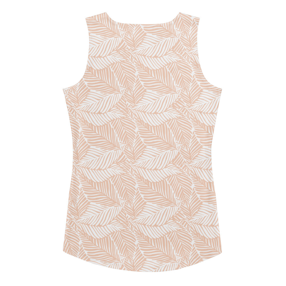 Women’s beige palm leaf tank top in soft blush pink with white palm leaves, quick drying buttery soft fabric and UPF 50+