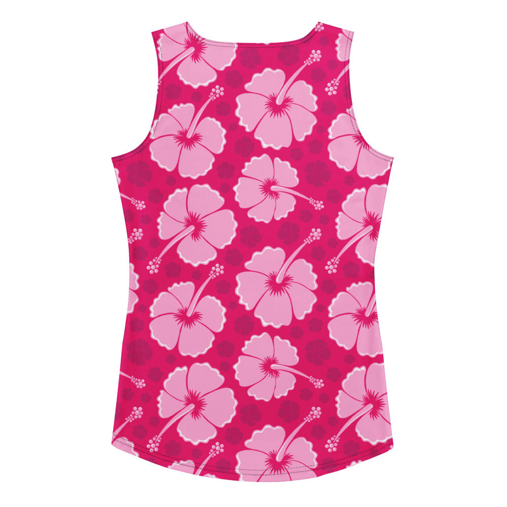 A vibrant pink sleeveless tank top with light pink hibiscus flowers and dark pink polka dots in buttery soft fabric