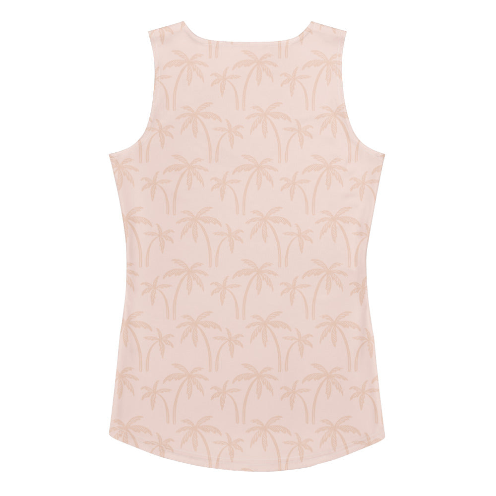 A soft blush pink sleeveless tank top with light beige palm tree pattern made of quick drying buttery soft fabric with upf 50+