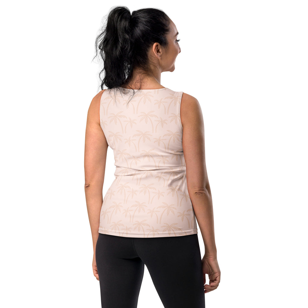 Women’s light beige palm tree tank top in soft blush with quick drying buttery fabric and UPF 50 plus protection