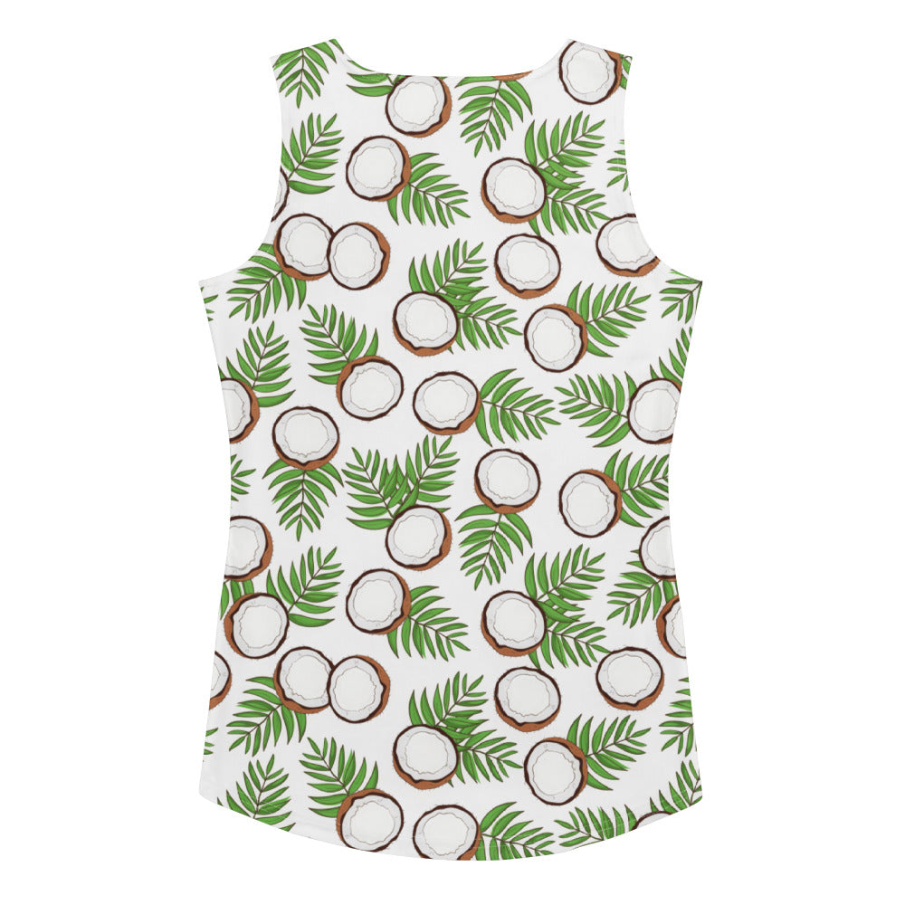 White sleeveless tank top with coconut and palm leaf print made of quick drying buttery soft fabric with UPF 50+