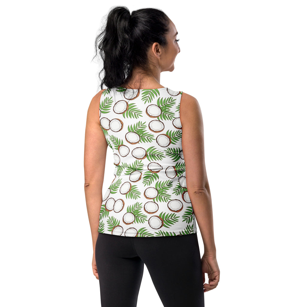 White sleeveless tank top with tropical coconut and palm leaf print in green and brown made of buttery soft quick drying fabric with UPF 50+