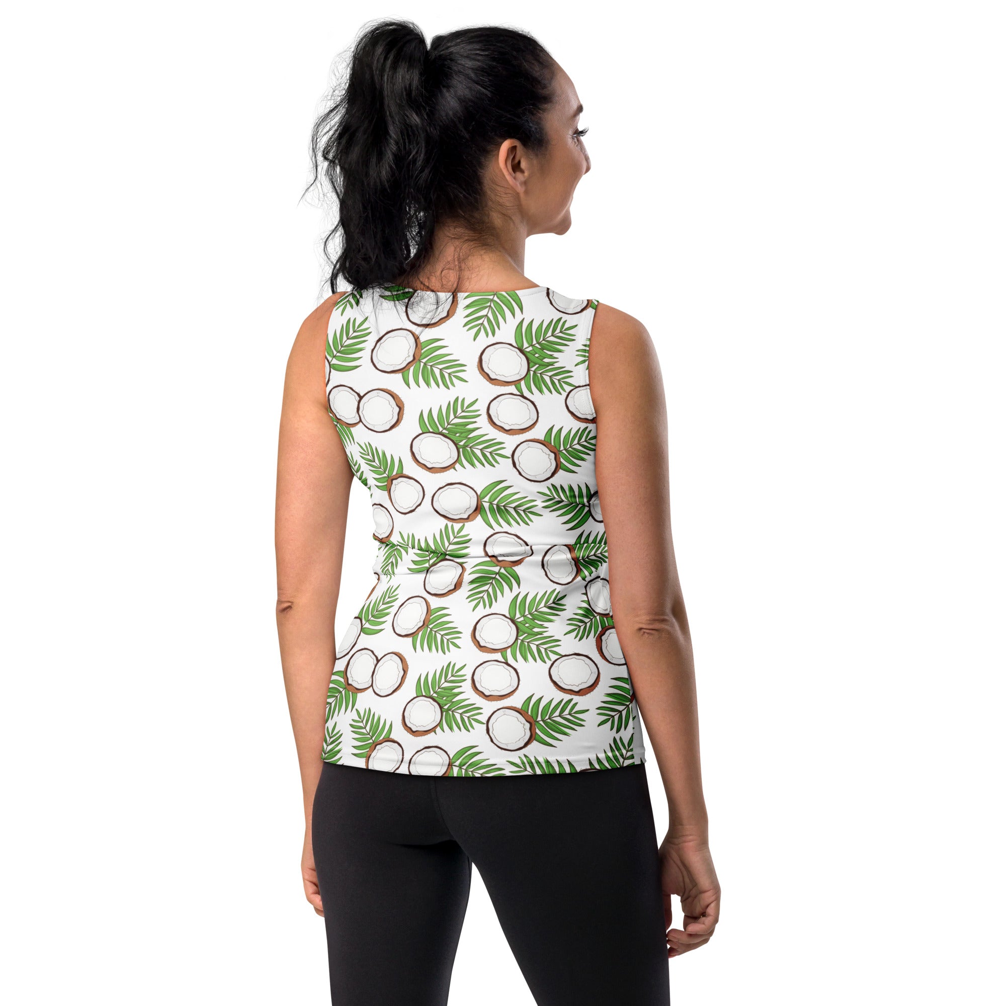 White sleeveless tank top with tropical coconut and palm leaf print in green and brown made of buttery soft quick drying fabric with UPF 50+