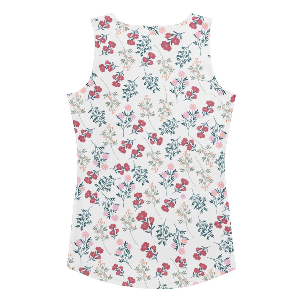 White sleeveless vintage wildflower tank top with pink red floral pattern quick drying buttery soft fabric upf 50+